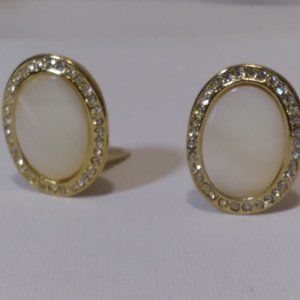 Vintage Clip on Earrings, Mother of Pearl with Clear Rhinestones.
